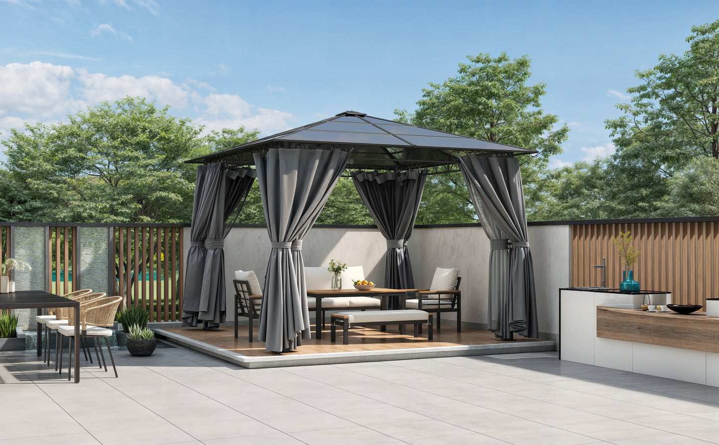 TREXM 10'x10' Hardtop Outdoor Gazebo with Polycarbonate Roof, Patio Gazebo with Aluminum Frame, Mosquito Netting and Privacy Screens for Shade and Rain, Backyard Tent for Backyard, Garden, Lawn (Grey)