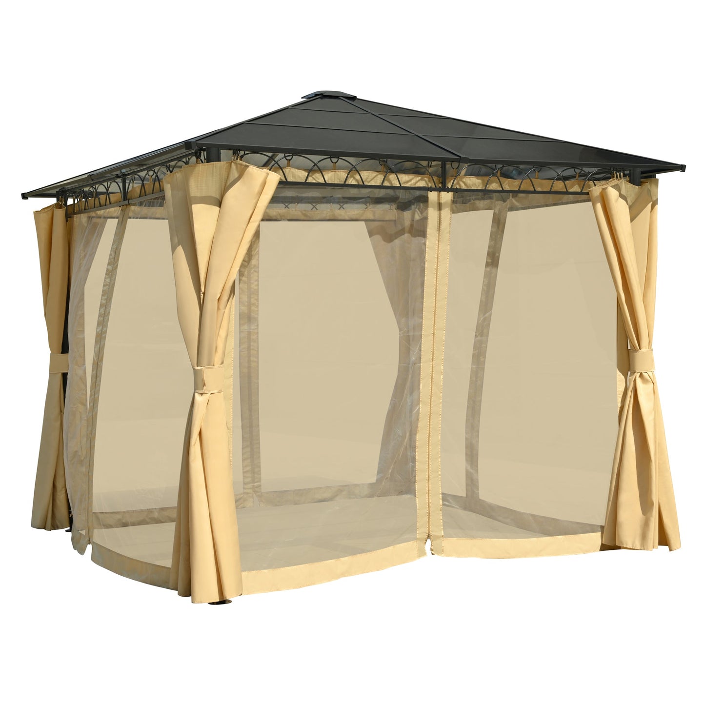 TREXM 10'x10' Hardtop Outdoor Gazebo with Polycarbonate Roof, Patio Gazebo with Aluminum Frame, Mosquito Netting and Privacy Screens for Shade and Rain, Backyard Tent for Backyard, Garden, Lawn(Beige)