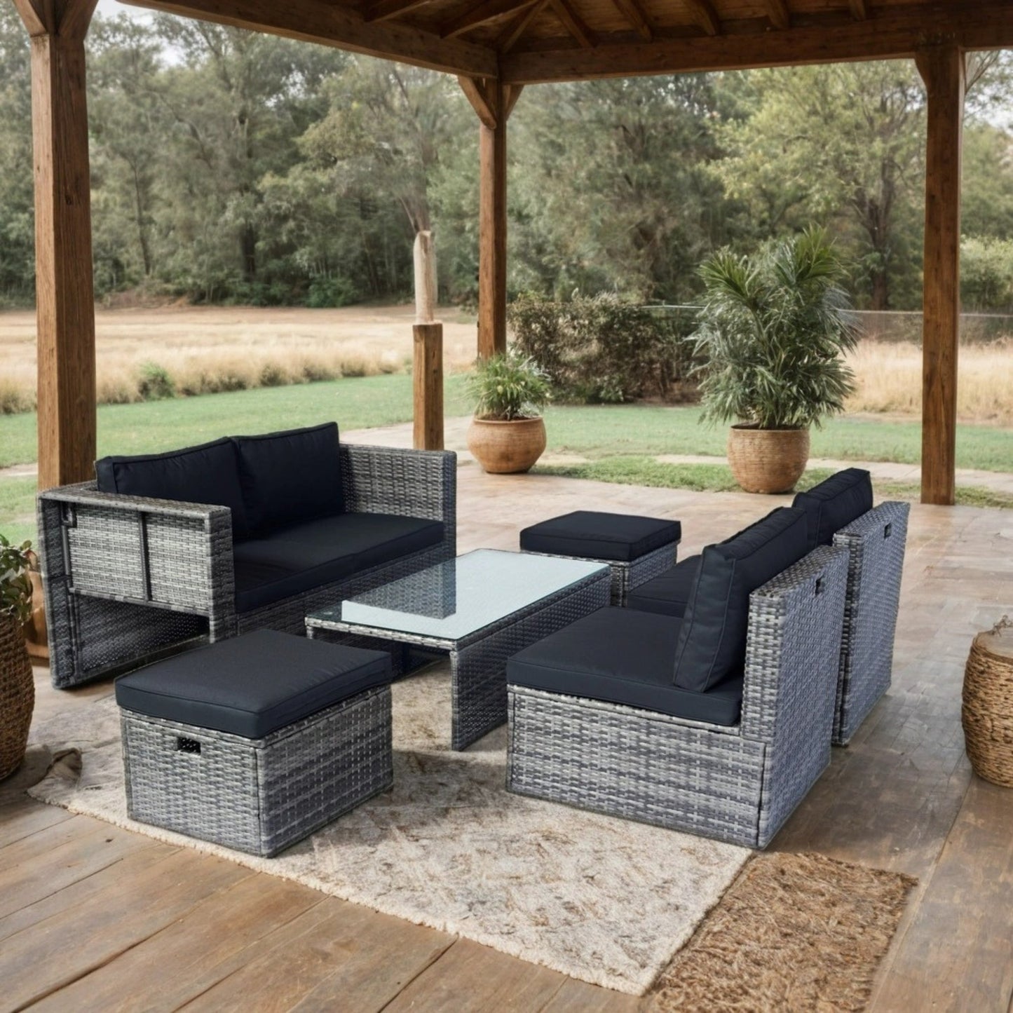 6 Piece Patio Wicker Sectional Set Patio Backyard Conversation Set Space Saving Grey Wicker + Black Cushion