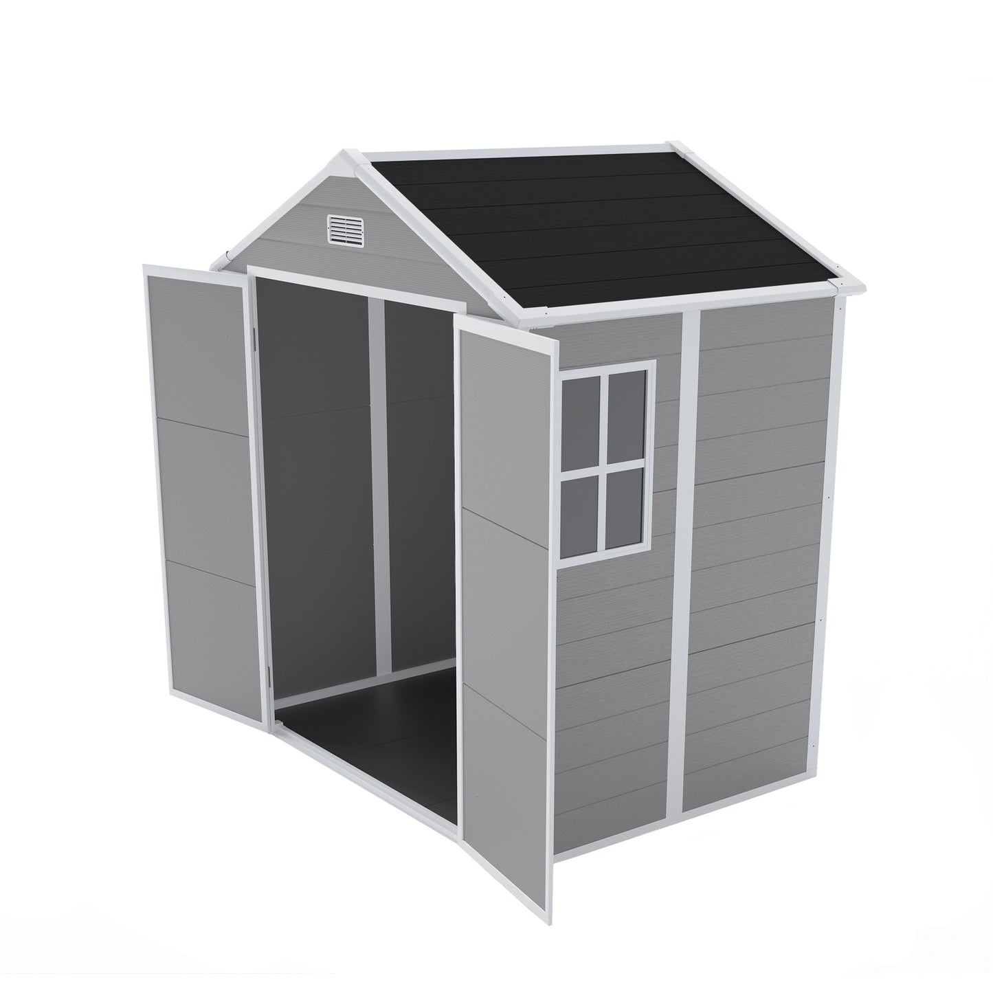 Campcraft 6*5ft resin storage shed, high quality pp material, strong structure, waterproof, rust and UV proof, large storage space, 12mm thick pp board, HD window lighting