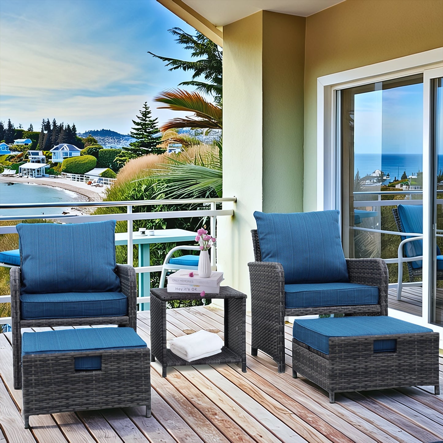 5 Pieces Wicker Patio Furniture Set Outdoor Patio Chairs with Ottomans Conversation Furniture with coffetable for Poolside Garden Balcony