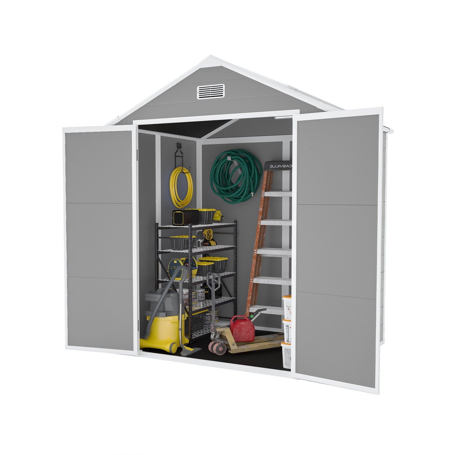 Campcraft 6*5ft resin storage shed, high quality pp material, strong structure, waterproof, rust and UV proof, large storage space, 12mm thick pp board, HD window lighting