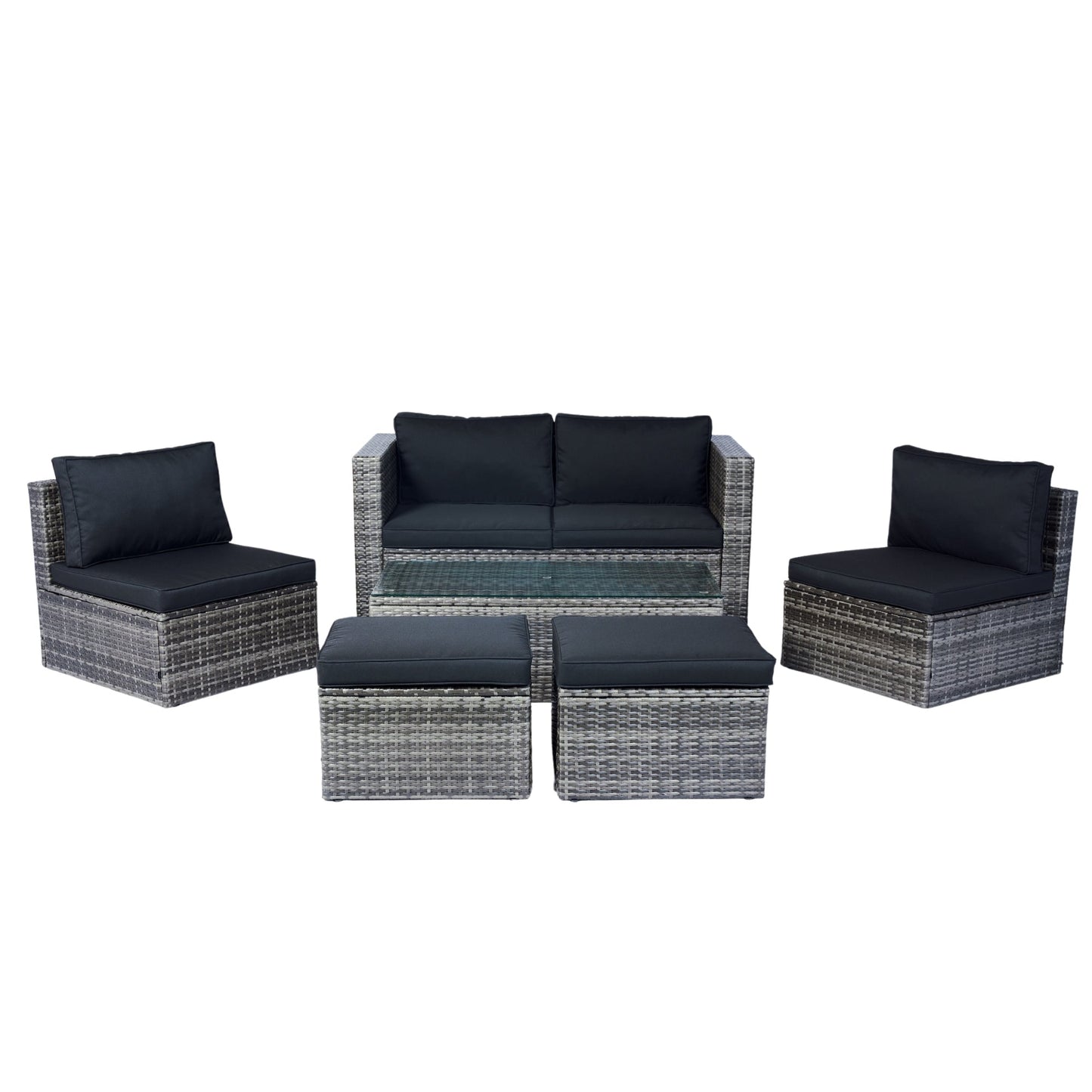6 Piece Patio Wicker Sectional Set Patio Backyard Conversation Set Space Saving Grey Wicker + Black Cushion