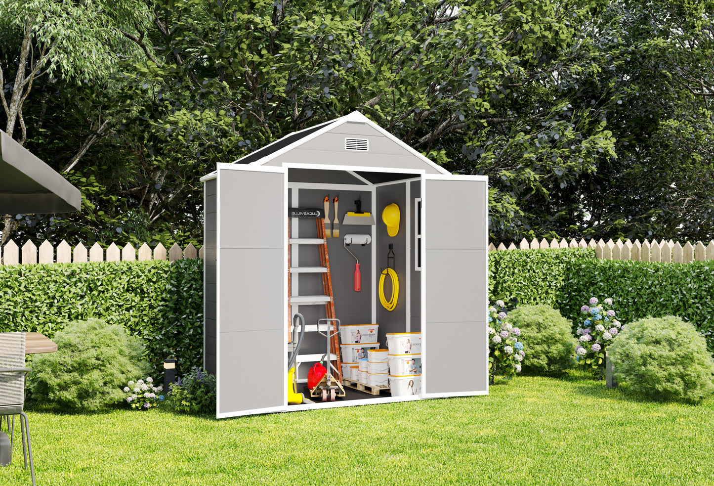 Campcraft 6*5ft resin storage shed, high quality pp material, strong structure, waterproof, rust and UV proof, large storage space, 12mm thick pp board, HD window lighting