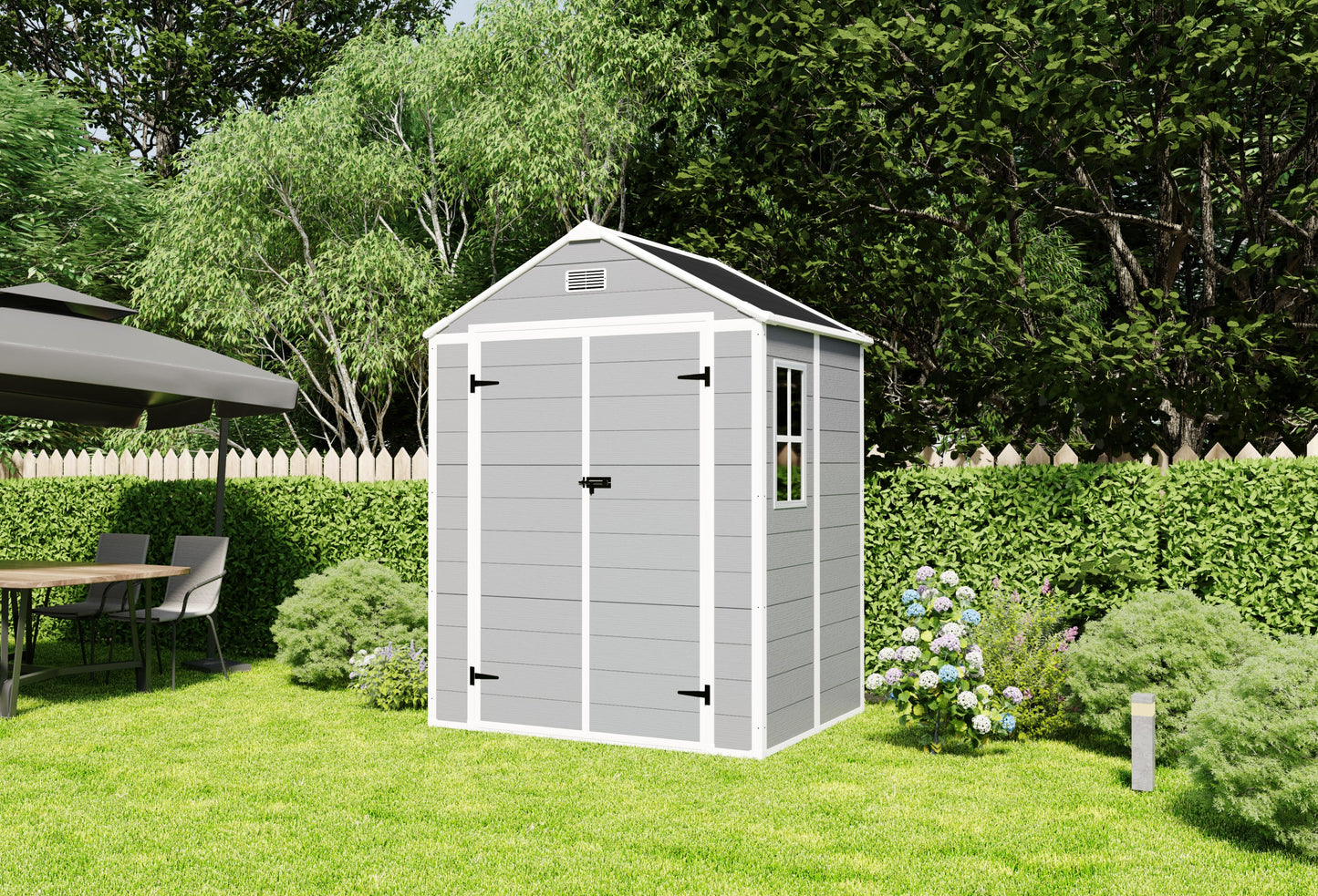 Campcraft 6*5ft resin storage shed, high quality pp material, strong structure, waterproof, rust and UV proof, large storage space, 12mm thick pp board, HD window lighting