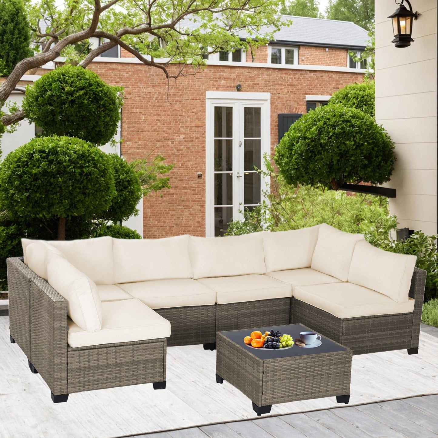 All-Weather 7-Piece Gray PE Wicker Patio Conversation Set with Beige Cushions and coffee table