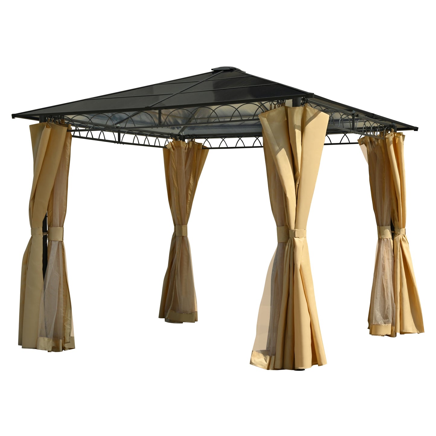 TREXM 10'x10' Hardtop Outdoor Gazebo with Polycarbonate Roof, Patio Gazebo with Aluminum Frame, Mosquito Netting and Privacy Screens for Shade and Rain, Backyard Tent for Backyard, Garden, Lawn(Beige)