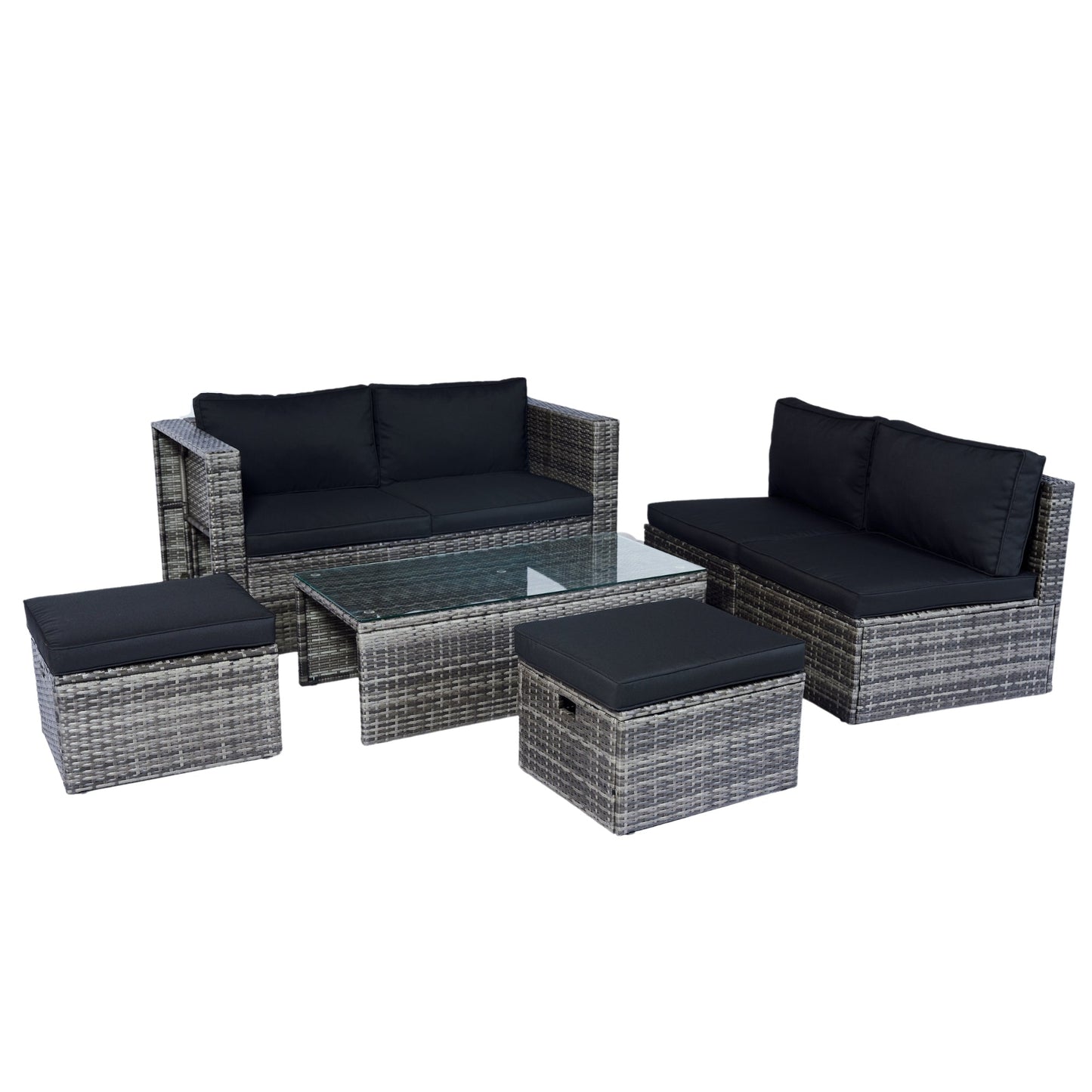 6 Piece Patio Wicker Sectional Set Patio Backyard Conversation Set Space Saving Grey Wicker + Black Cushion