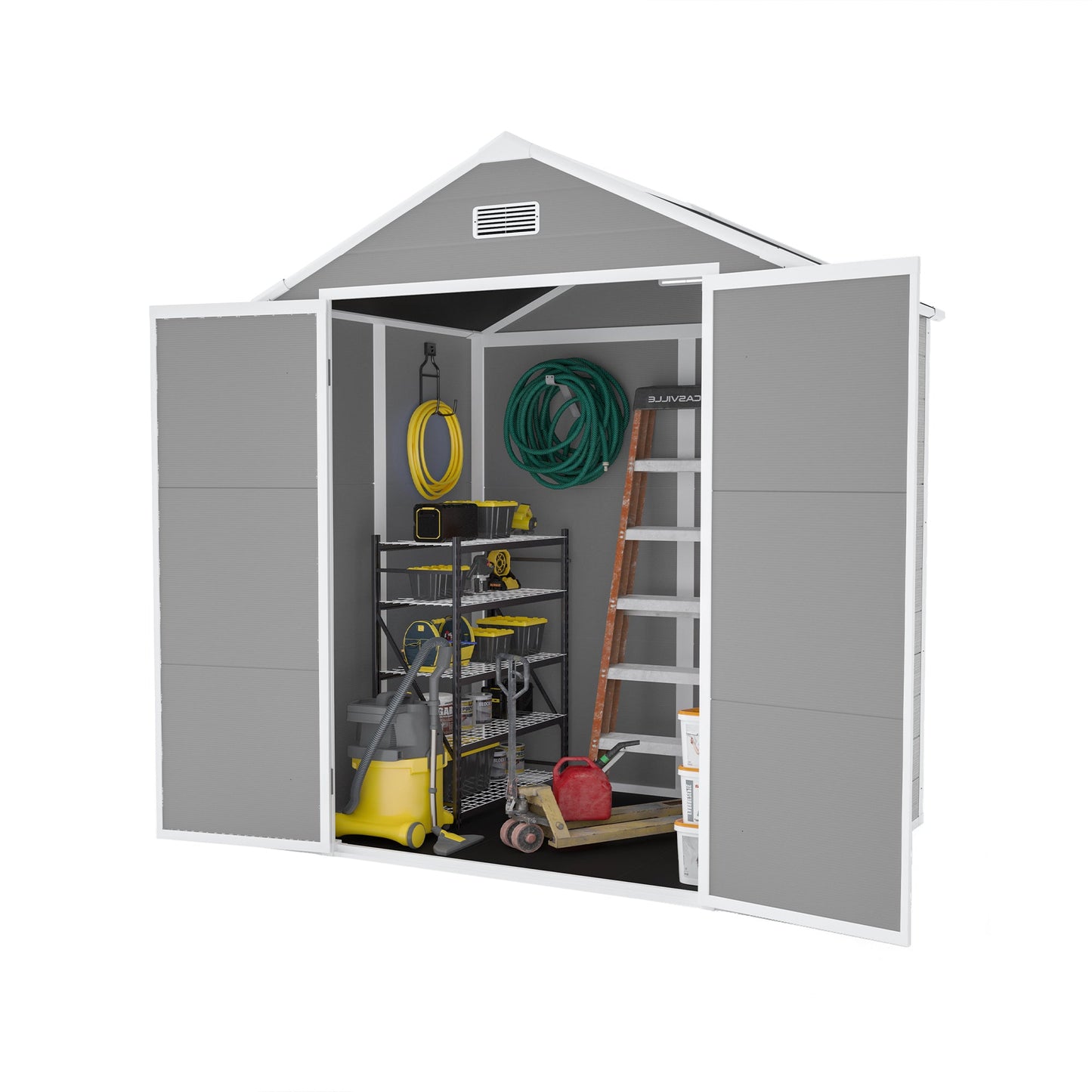 Campcraft 6*5ft resin storage shed, high quality pp material, strong structure, waterproof, rust and UV proof, large storage space, 12mm thick pp board, HD window lighting