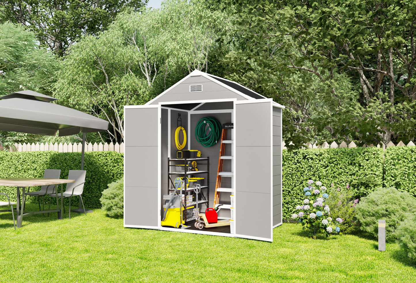 Campcraft 6*5ft resin storage shed, high quality pp material, strong structure, waterproof, rust and UV proof, large storage space, 12mm thick pp board, HD window lighting