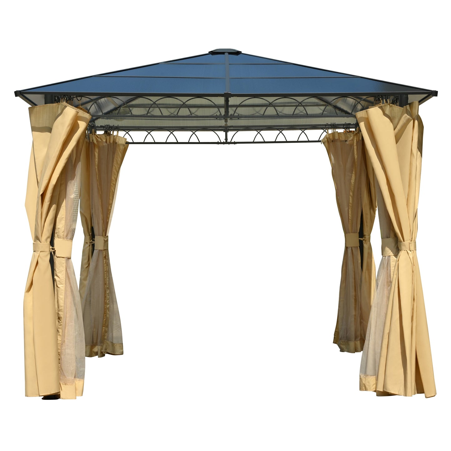 TREXM 10'x10' Hardtop Outdoor Gazebo with Polycarbonate Roof, Patio Gazebo with Aluminum Frame, Mosquito Netting and Privacy Screens for Shade and Rain, Backyard Tent for Backyard, Garden, Lawn(Beige)