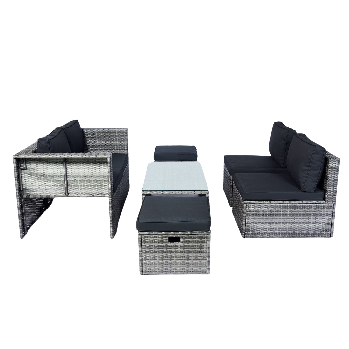6 Piece Patio Wicker Sectional Set Patio Backyard Conversation Set Space Saving Grey Wicker + Black Cushion