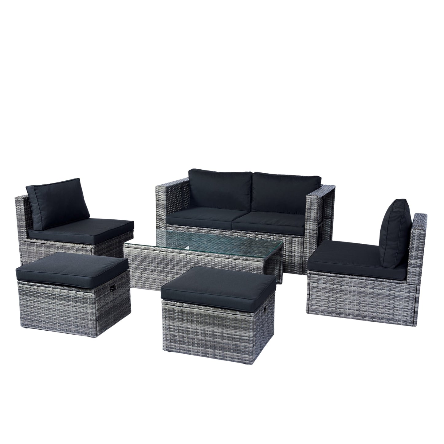6 Piece Patio Wicker Sectional Set Patio Backyard Conversation Set Space Saving Grey Wicker + Black Cushion